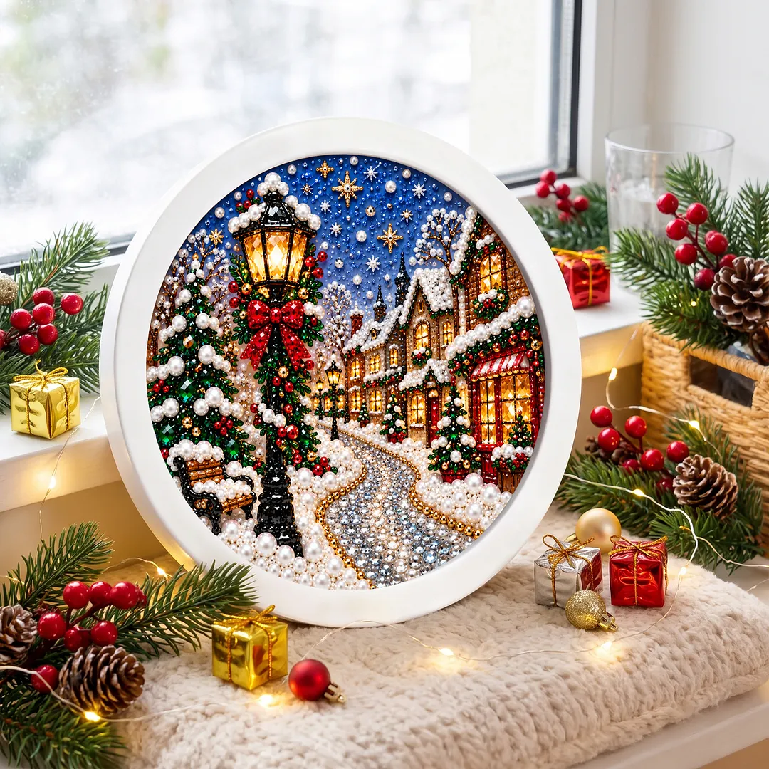 Framed 5D Diamond Painting Kit Holiday Village Scene 7.87x7.87in