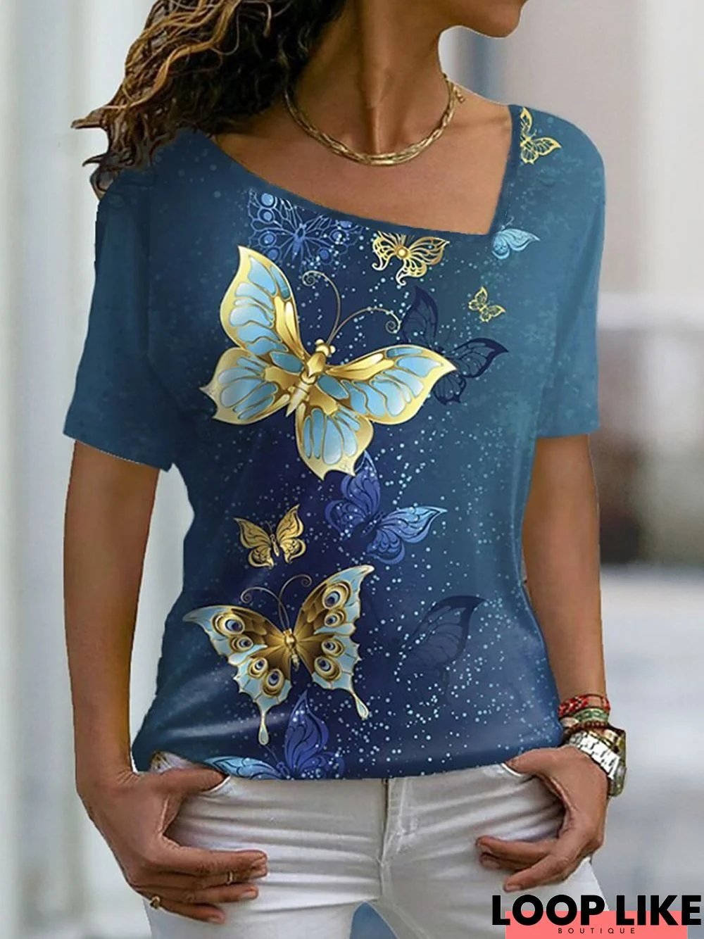 Women's Holiday Weekend Casual Butterfly Printed Neck Loosen T-Shirt