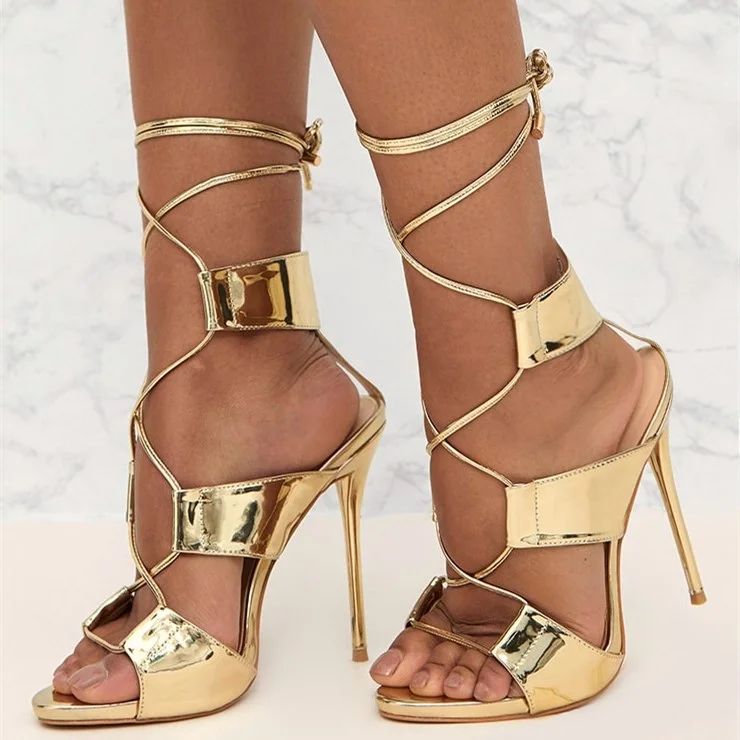 Gold Open Toe Lace Up Strappy Sandals Stiletto Heels Shoes For Party |FSJ Shoes