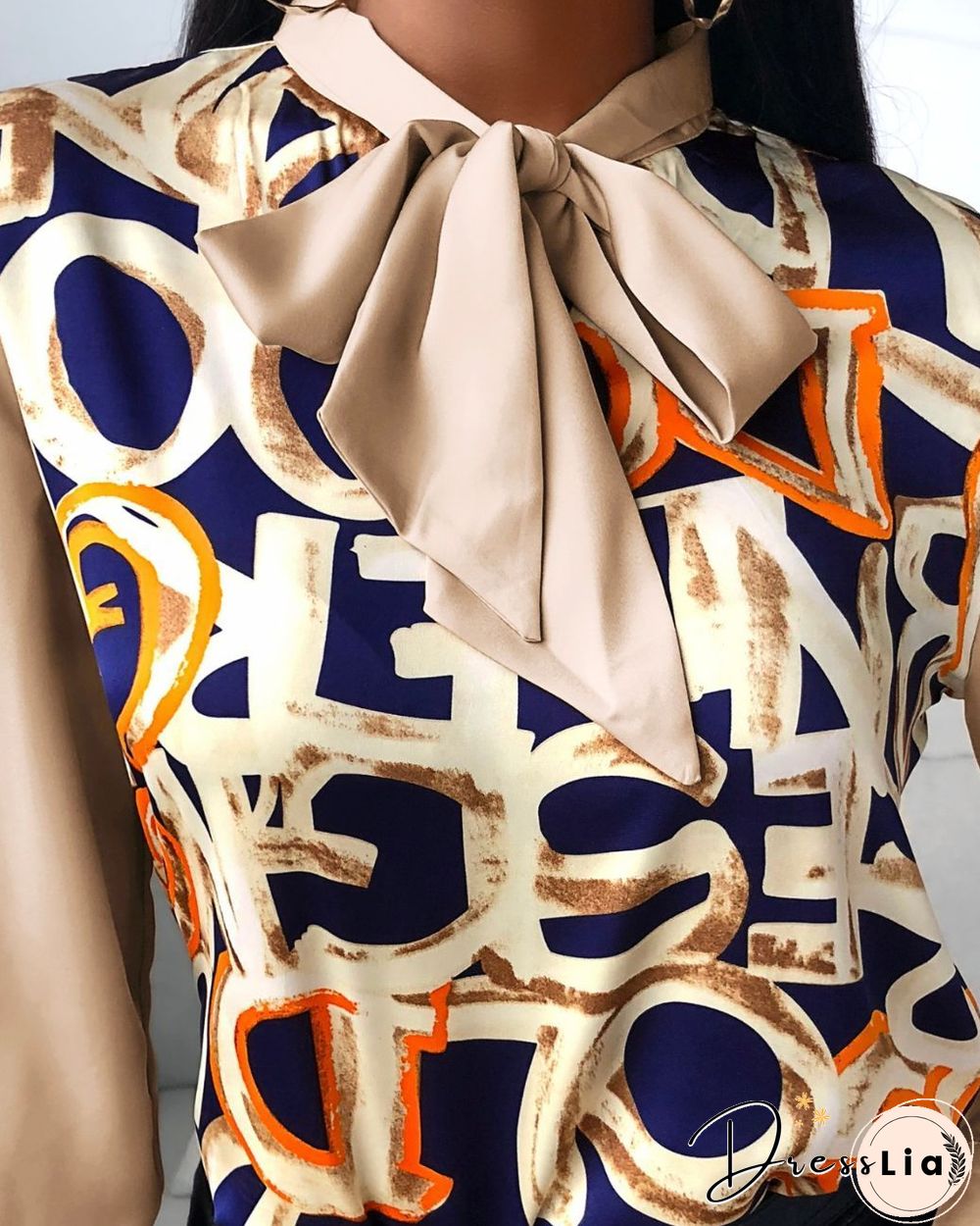 Letter Pattern Print Lantern Sleeve Shirt P13199