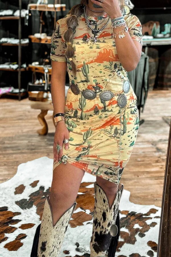 Vintage Western Cactus Print Dress
