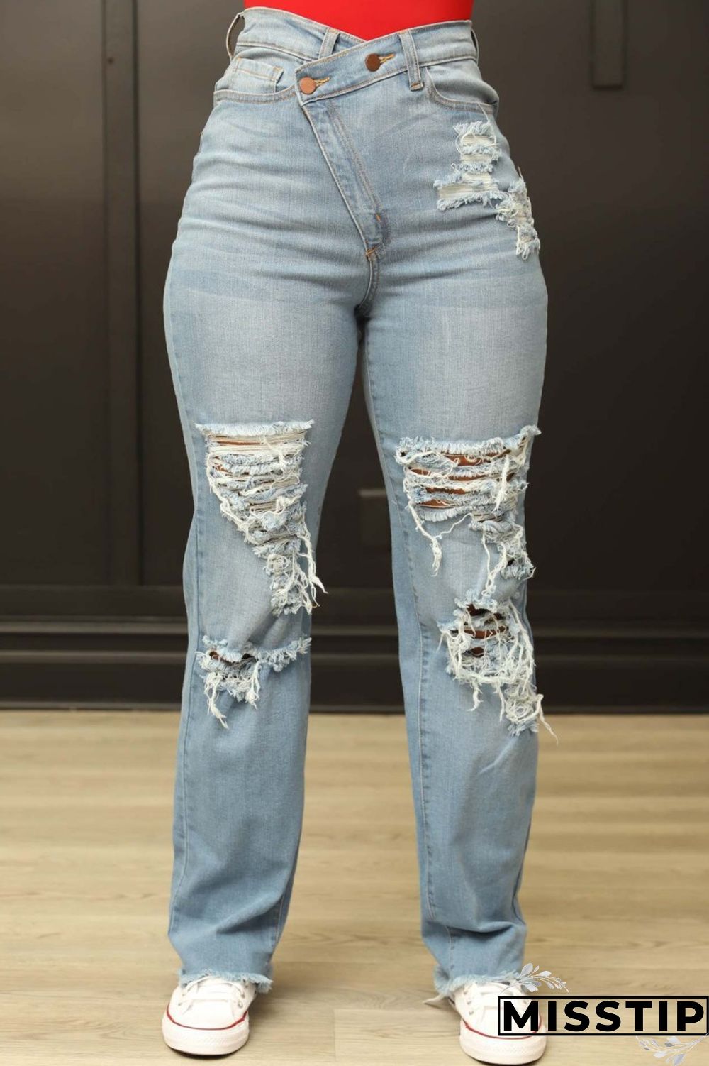 Blue Casual Solid Ripped Patchwork High Waist Regular Denim Jeans