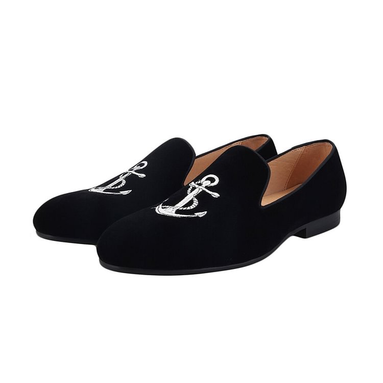 Gideone Velvet Anchor Embroidery Loafers