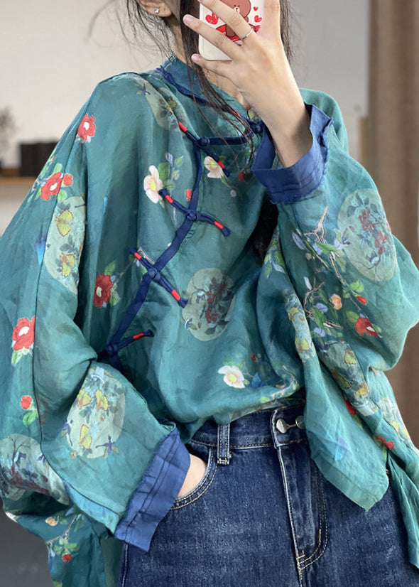 VCSHOES Loose Blue Button Print Patchwork Cotton Shirts Long Sleeve