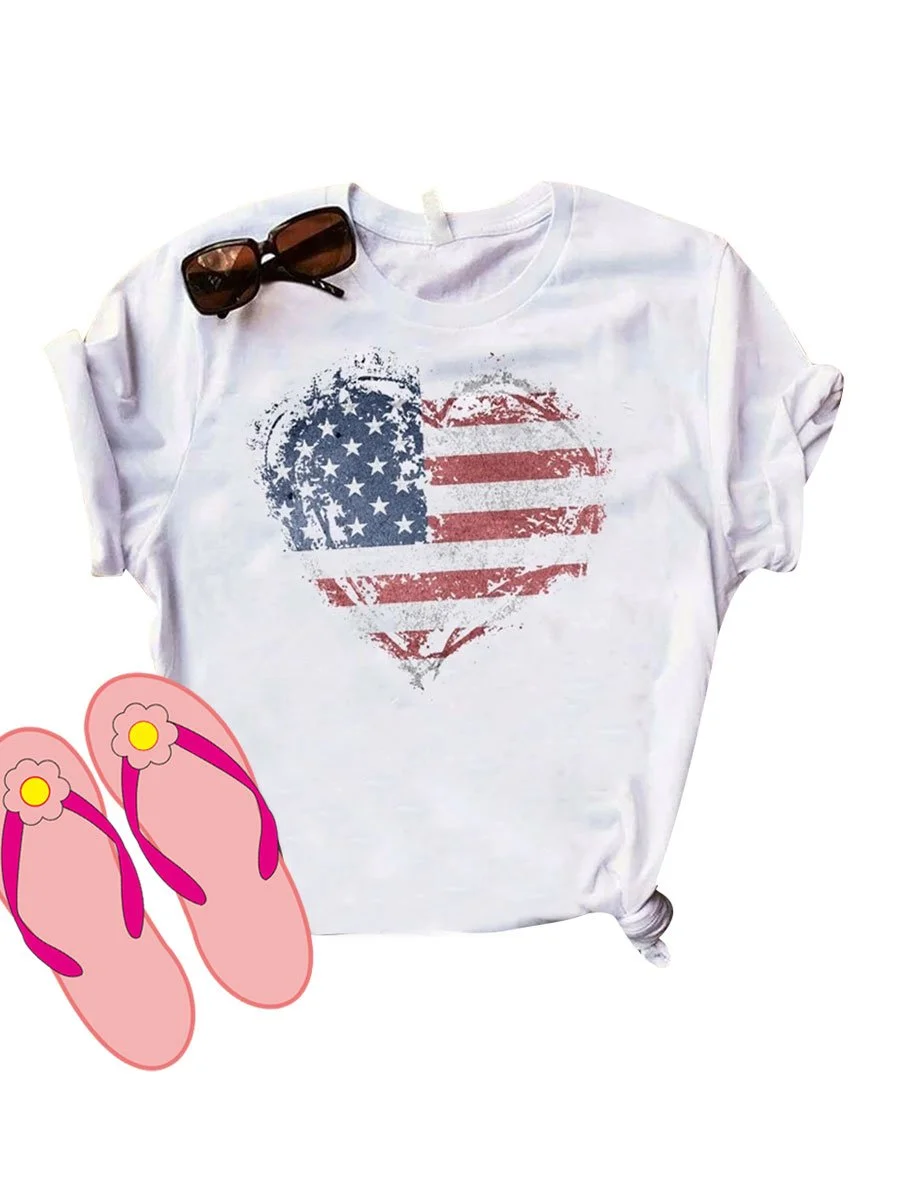 American Flag Print Women Striped Shirt Sleeve Women's T-shirt Top Short