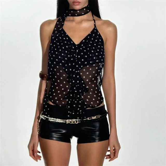 Summer Camisole Slim Vest Sexy Women Sleeveless Perspective V-Neck Ribbon Tank Top Female Solid Black Polka Dots Crop Tops Y2k