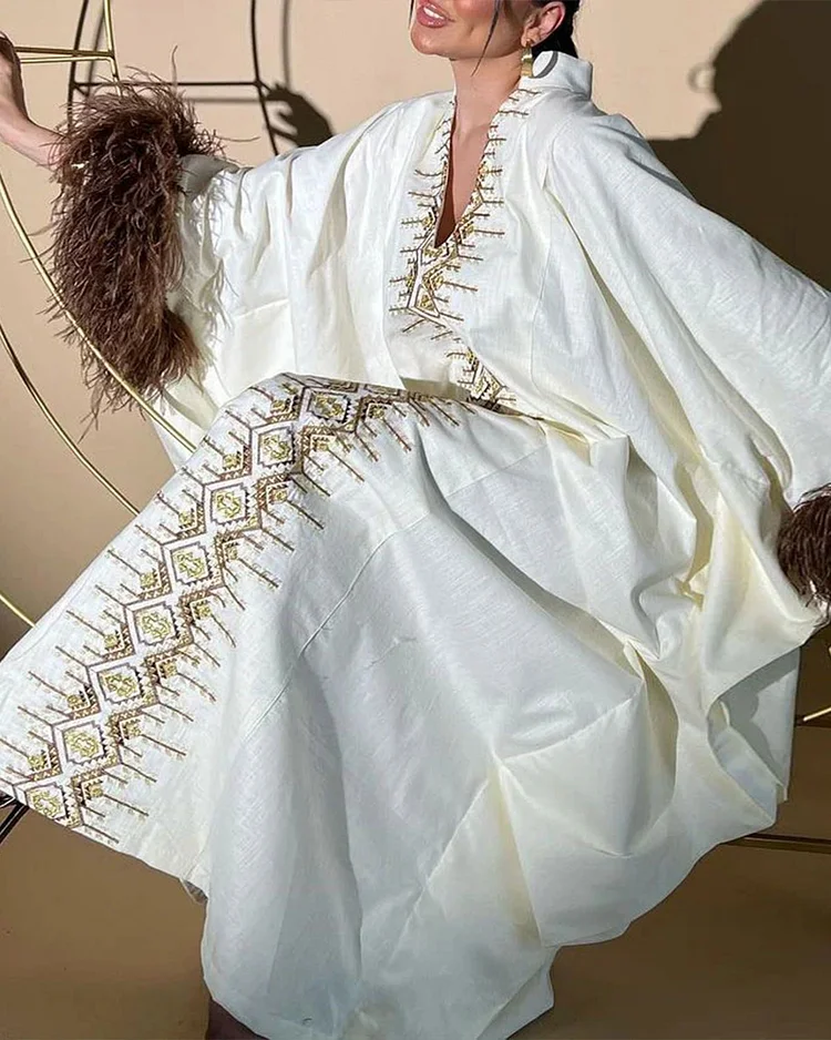 Elegant V Neck with Tassel Long Sleeve Kaftan