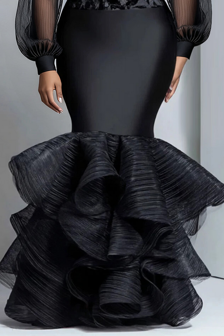 Xpluswear Design Plus Size Formal Organza Black Round Neck Lantern Sleeve Long Sleeve Mermaid Elegant See Through Satin Maxi Dresses [Pre-Order]