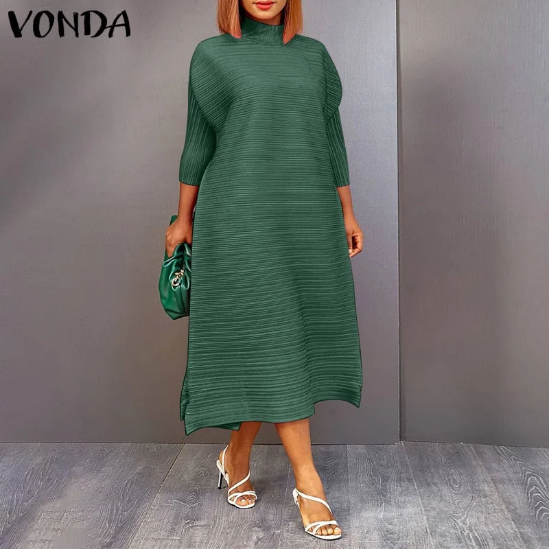 VONDA Casual Dress Women Spring High Neck Office Midi Dress 2022 Ladies Side Slit 3/4 Sleeve Solid Vestido Feminina A-Lined Robe
