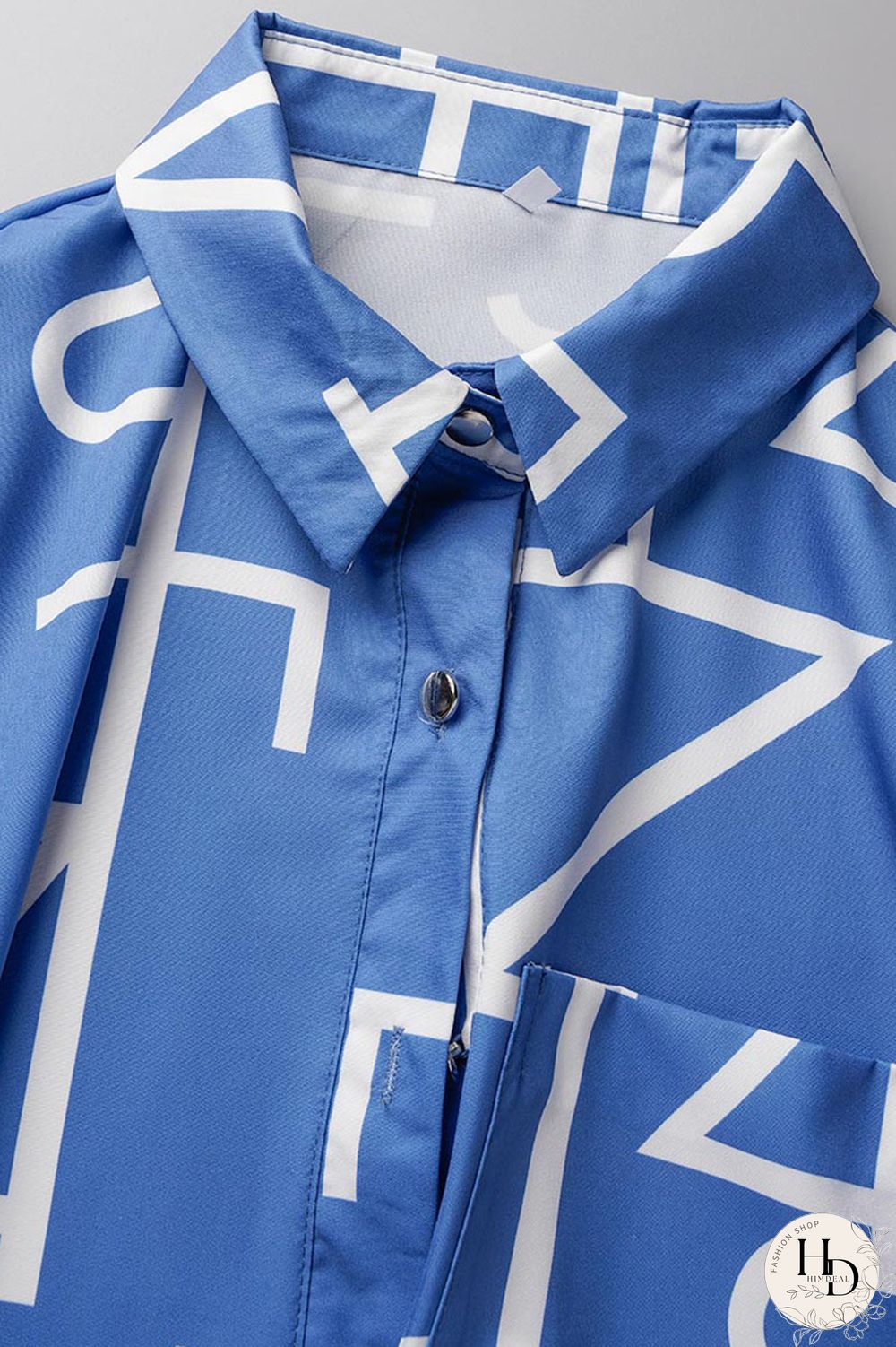 Blue Casual Print Patchwork Buckle Turndown Collar Tops