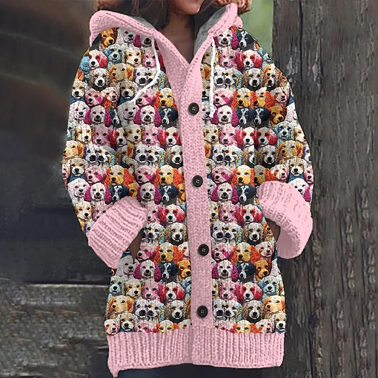 Colorful Puppy Embroidered Pattern Cozy Hooded Knit Sweater