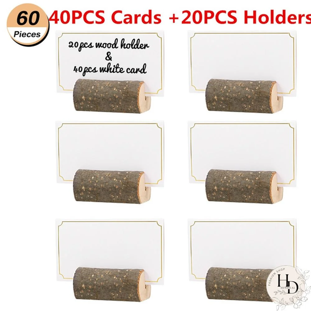 20PCS Place Card Holders with 40PCS Place Cards Rustic Wood Table Number Stands Picture Memo Clip Note Photo Clip for Home Party Decoration Wedding Favors