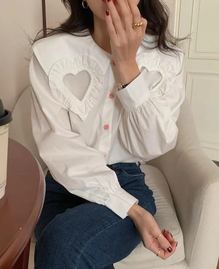 HEART COLLAGE NAVY COLLAR LONG SLEEVE SHIRT