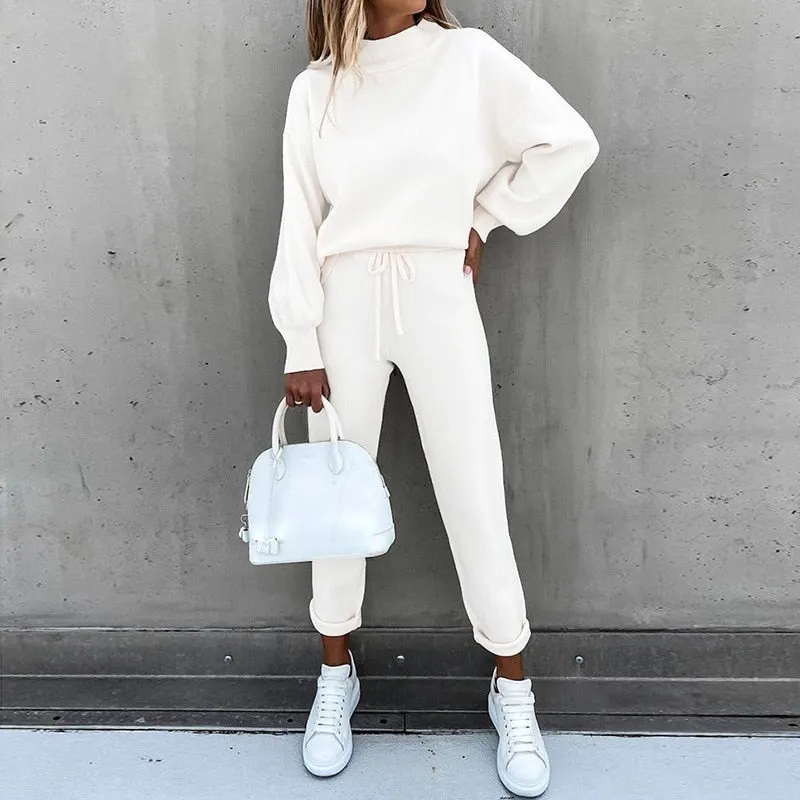2021 autumn and winter women's sweater suit new high-neck casual solid color trousers pocket two-piece suit