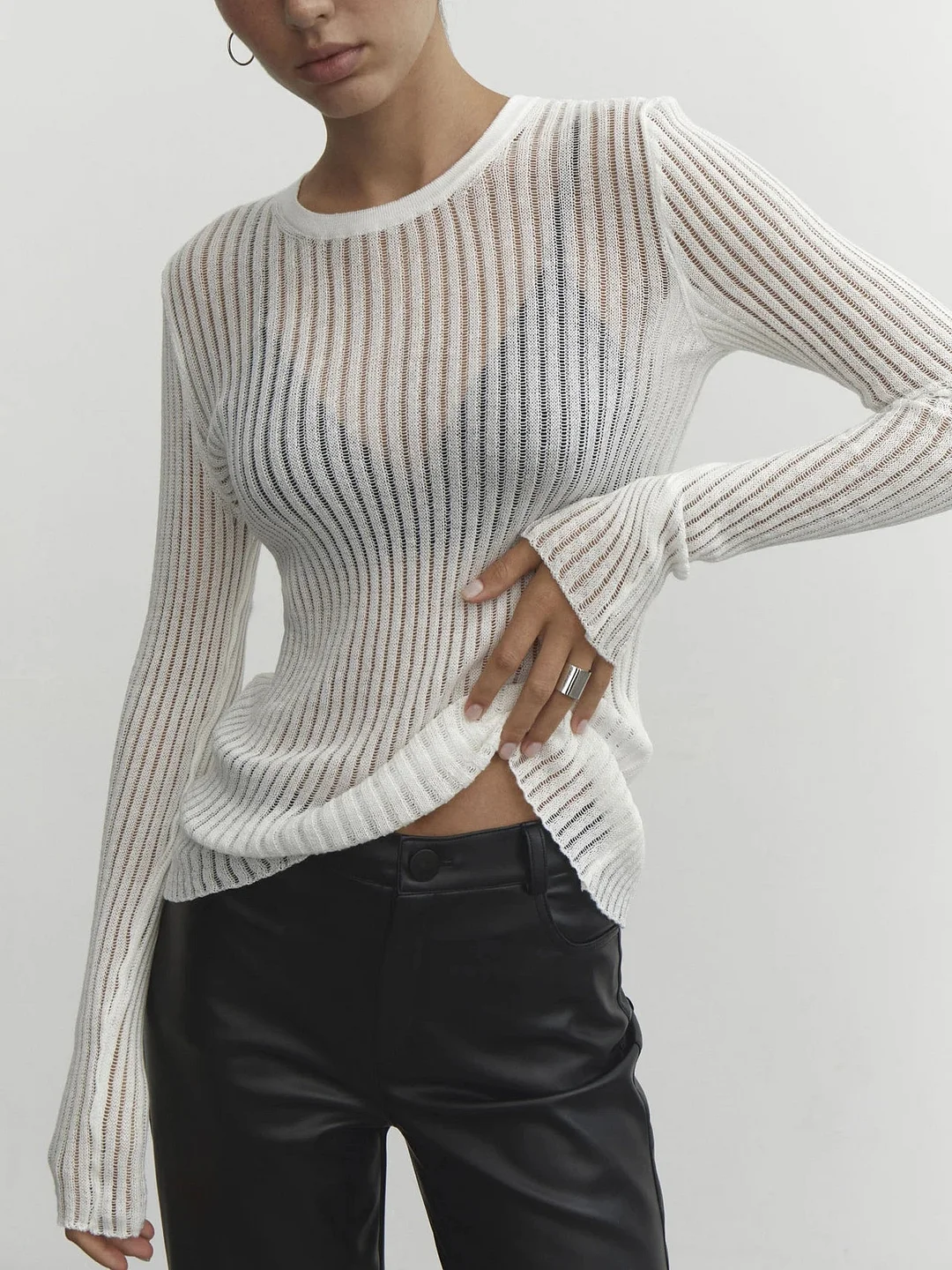 Huiketi White Ribbed Knit T-Shirts Ladies See-Through Rib Sweater Tops Spring New Outfits Pullover Long Sleeve Casual Top Tees