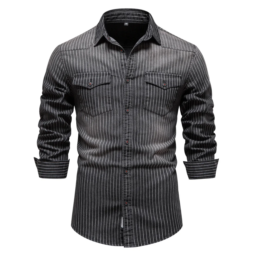 Men's Retro Denim Shirt Striped Denim Shirt Long-sleeved Denim Shirt