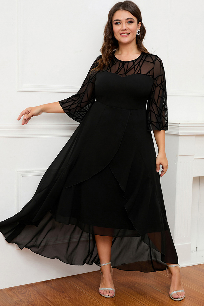 Flycurvy Plus Size Formal Black Lace Asymmetrical Hem Double Layer Flare Sleeve Maxi Dress