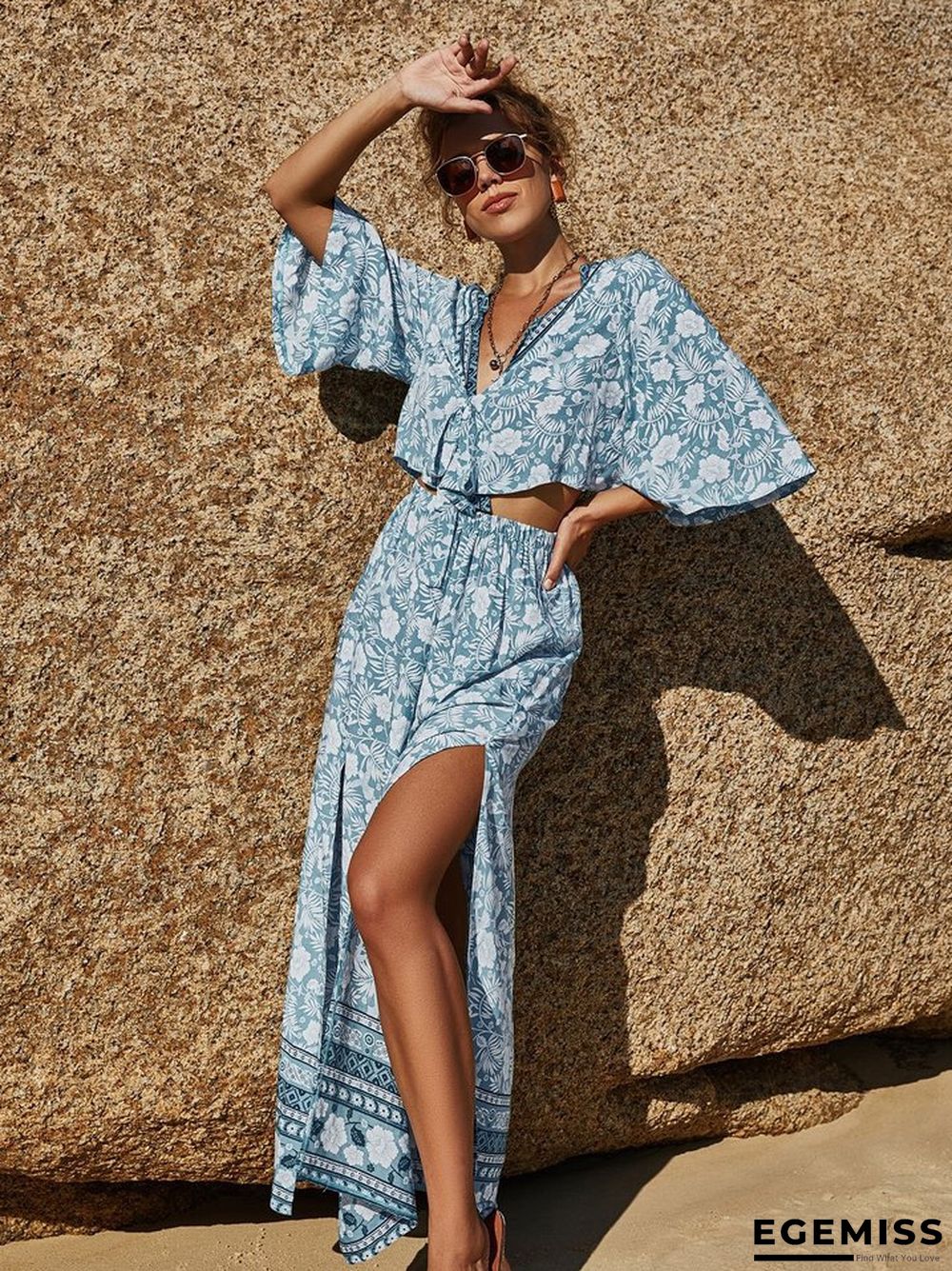 Bohemian Skirt Printed Long Skirt V-neck Sexy Two Piece Set | EGEMISS