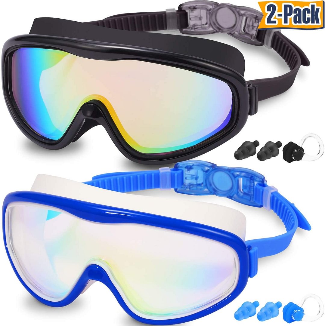 Adult Swim Goggles, Pack of 2 No Leaking Swimming Goggles Anti-Fog UV Protection, Wide Vision Swim Glasses