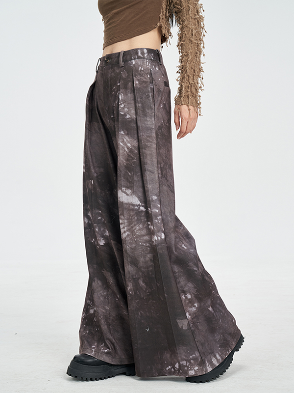 Tie-dyed Pocket Pleated Vintage Loose Wide Leg Pants