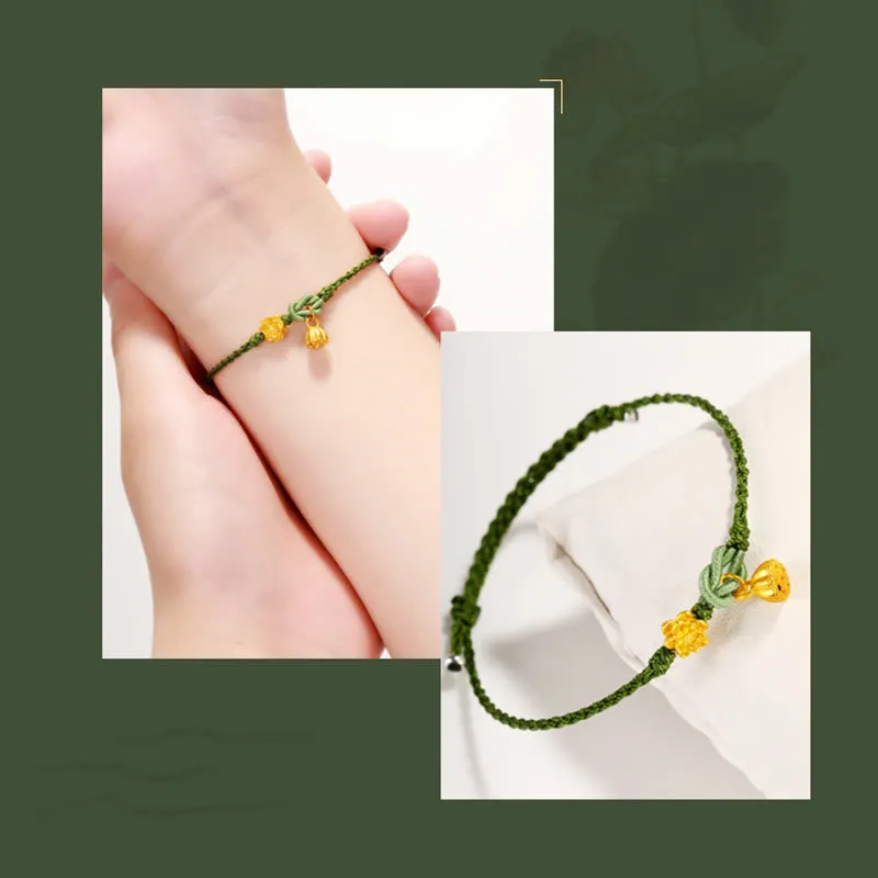 Handmade 999 Gold Lotus Flower Pod New Beginning Braid String Bracelet