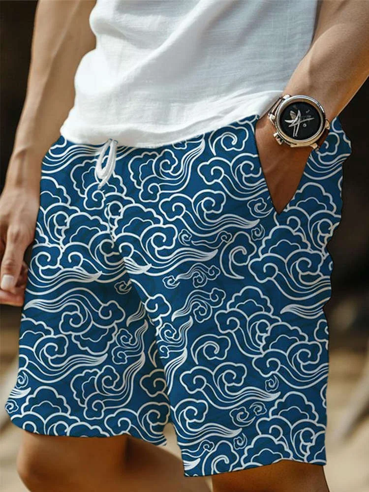 Wave Japanese Art Print Men's Linen Shorts