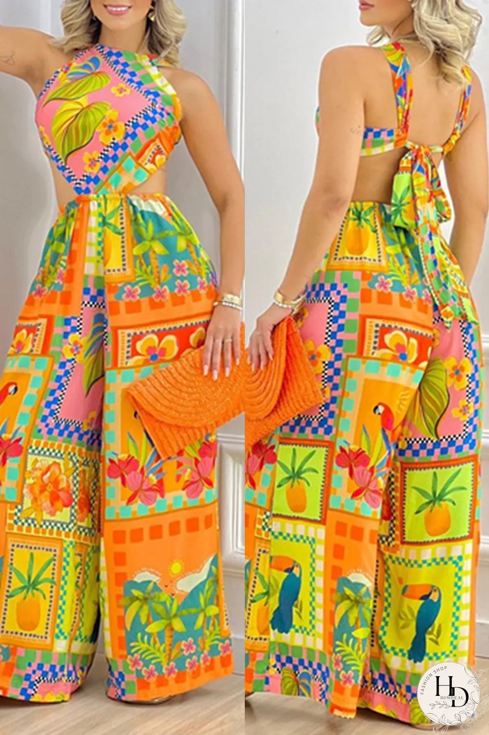 Colour Sexy Casual Not Positioning Printed Bandage Backless O Neck Regular Jumpsuits