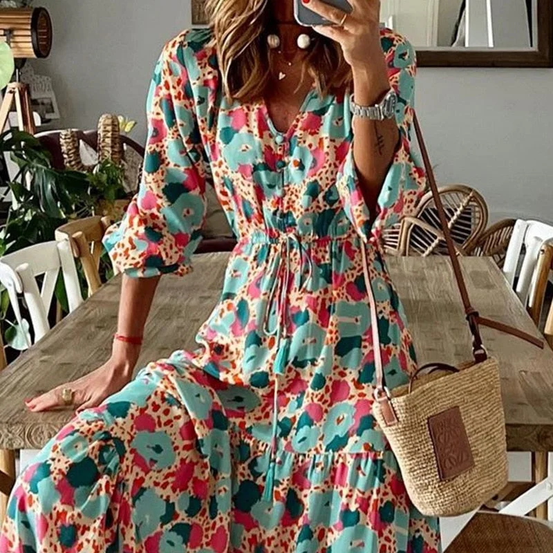 Huibahe Female Long Dresses Autumn Summer Fashion V Neck Split Slim Dress Casual Elegant Printed Bohemian Lady Party Dress 2023