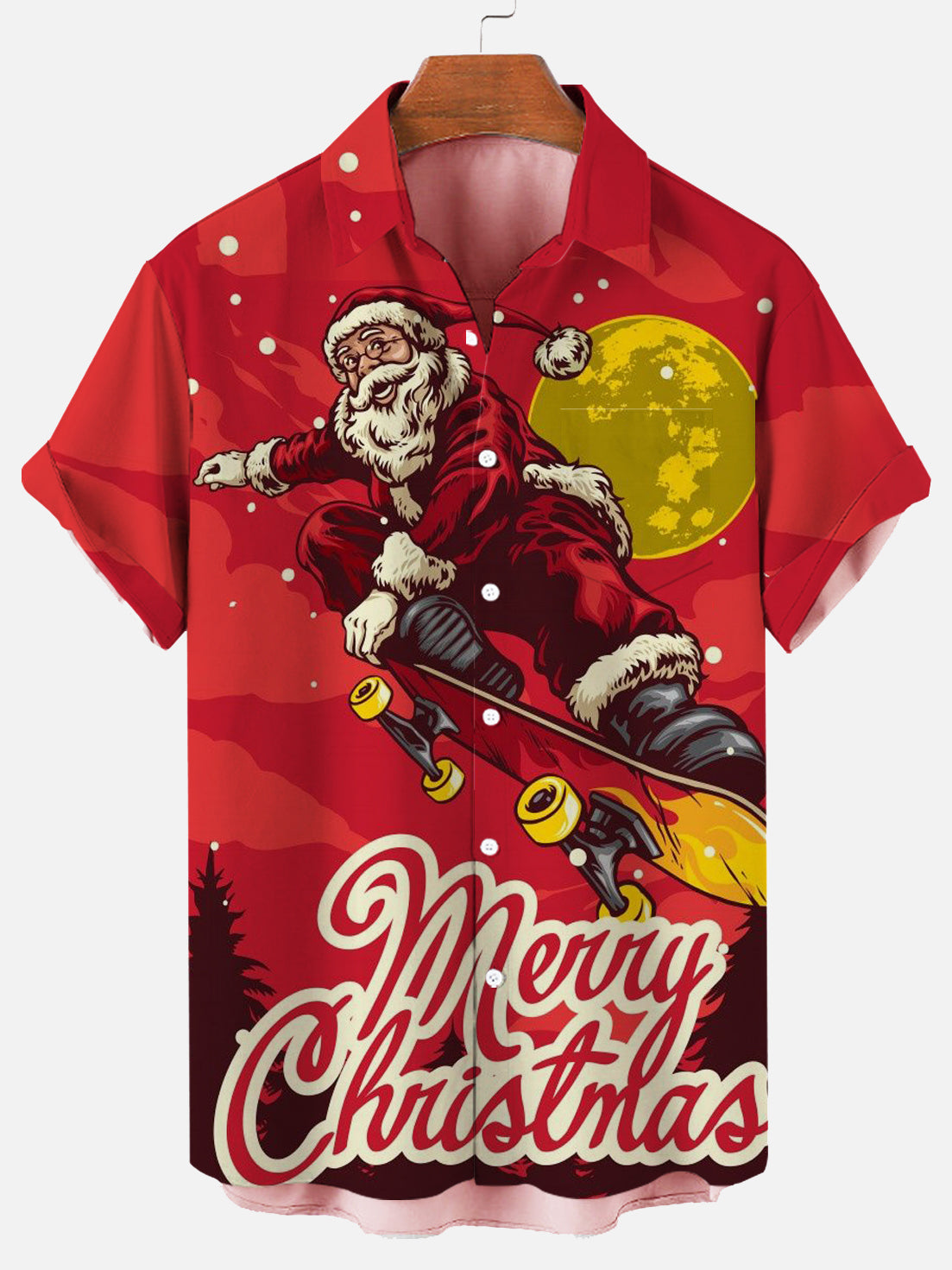 Men Christmas Father Skating Print Pocket Front Short Sleeves Shirt PLUSCLOTHESMAN