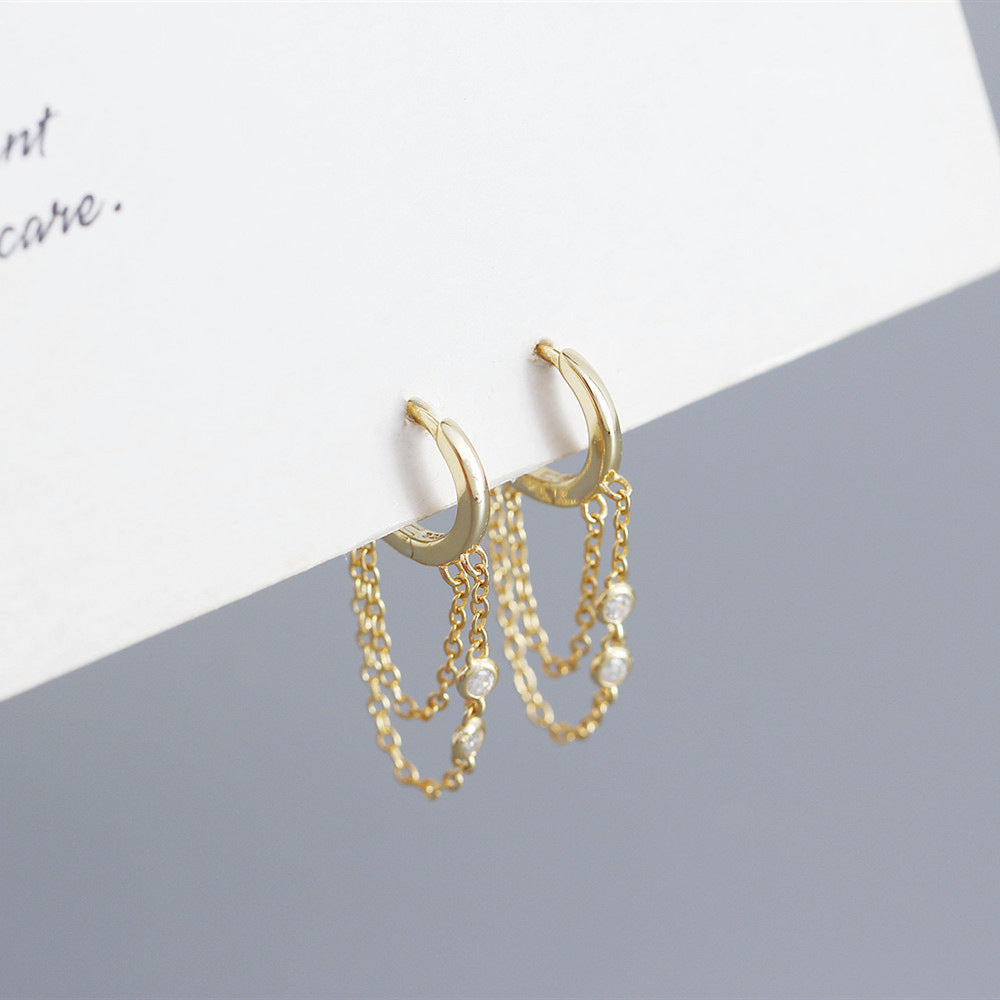 925 Sterling Silver Women Tassel Silver Diamond Inlay Stud Earrings