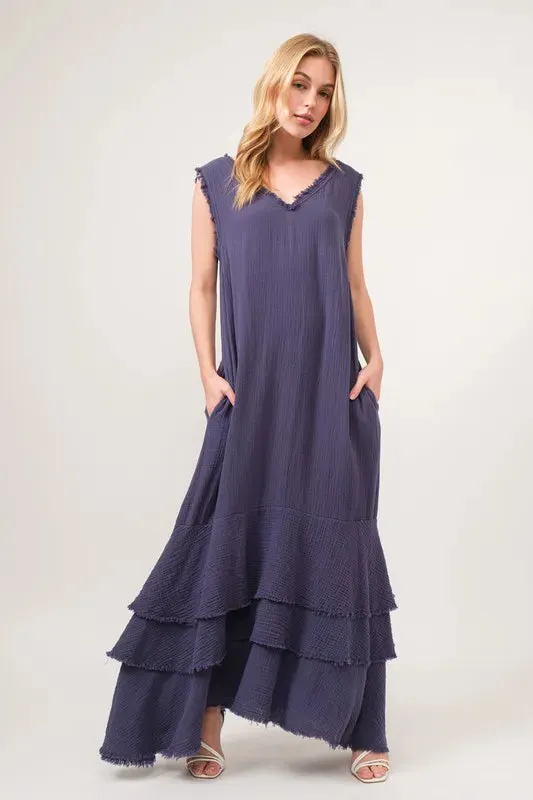 And The Why Washed Cotton Gauze Fringe Detail Tiered Dress