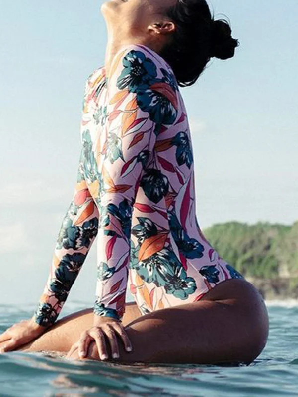 Floral Printed Long Sleeves One Piece Wetsuit 