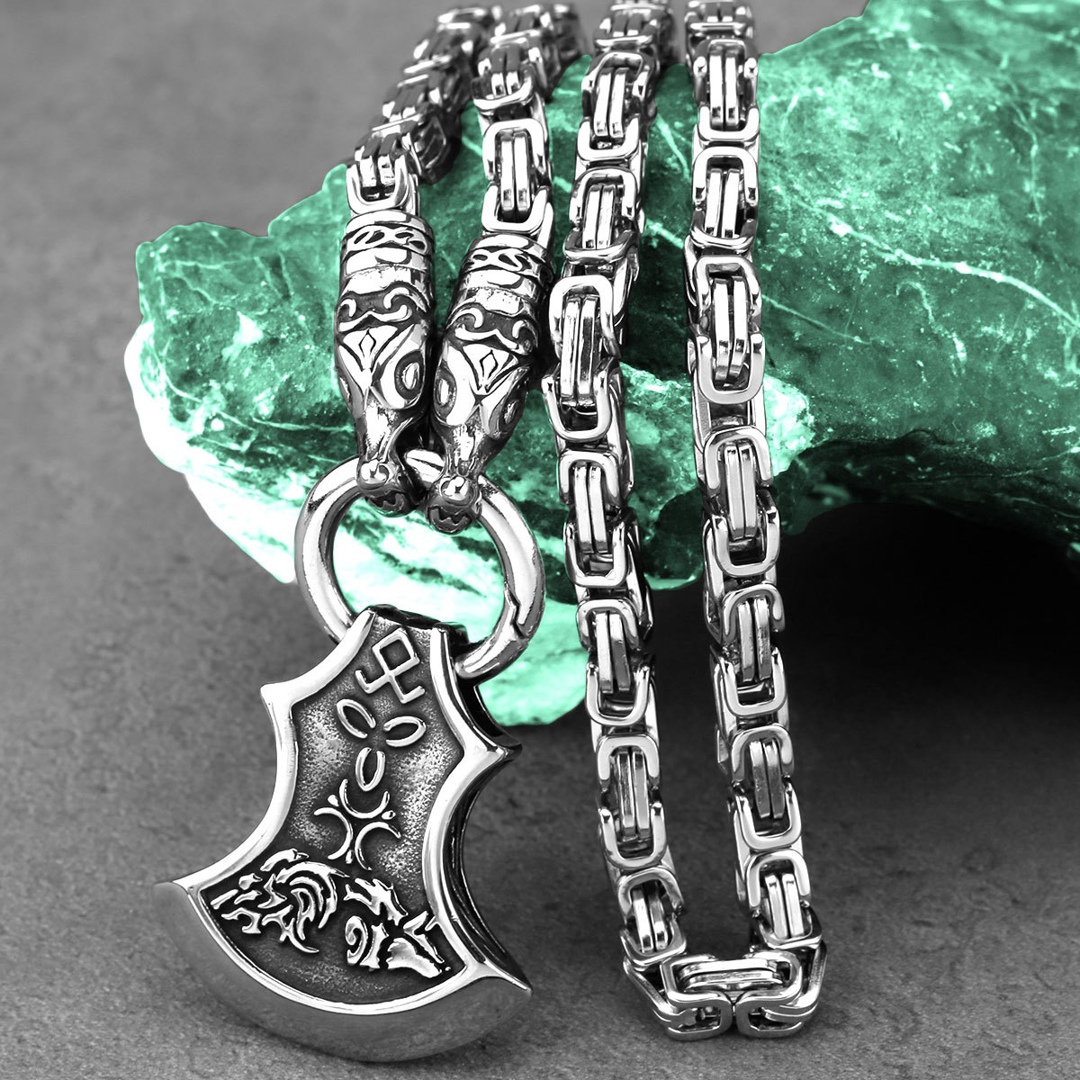 Viking Axe Pendant Dragon - Head Thor's Hammer Necklace