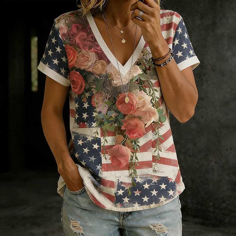 Comstylish Women's Retro Independence Day Themed Flag Floral Pattern T-shirt