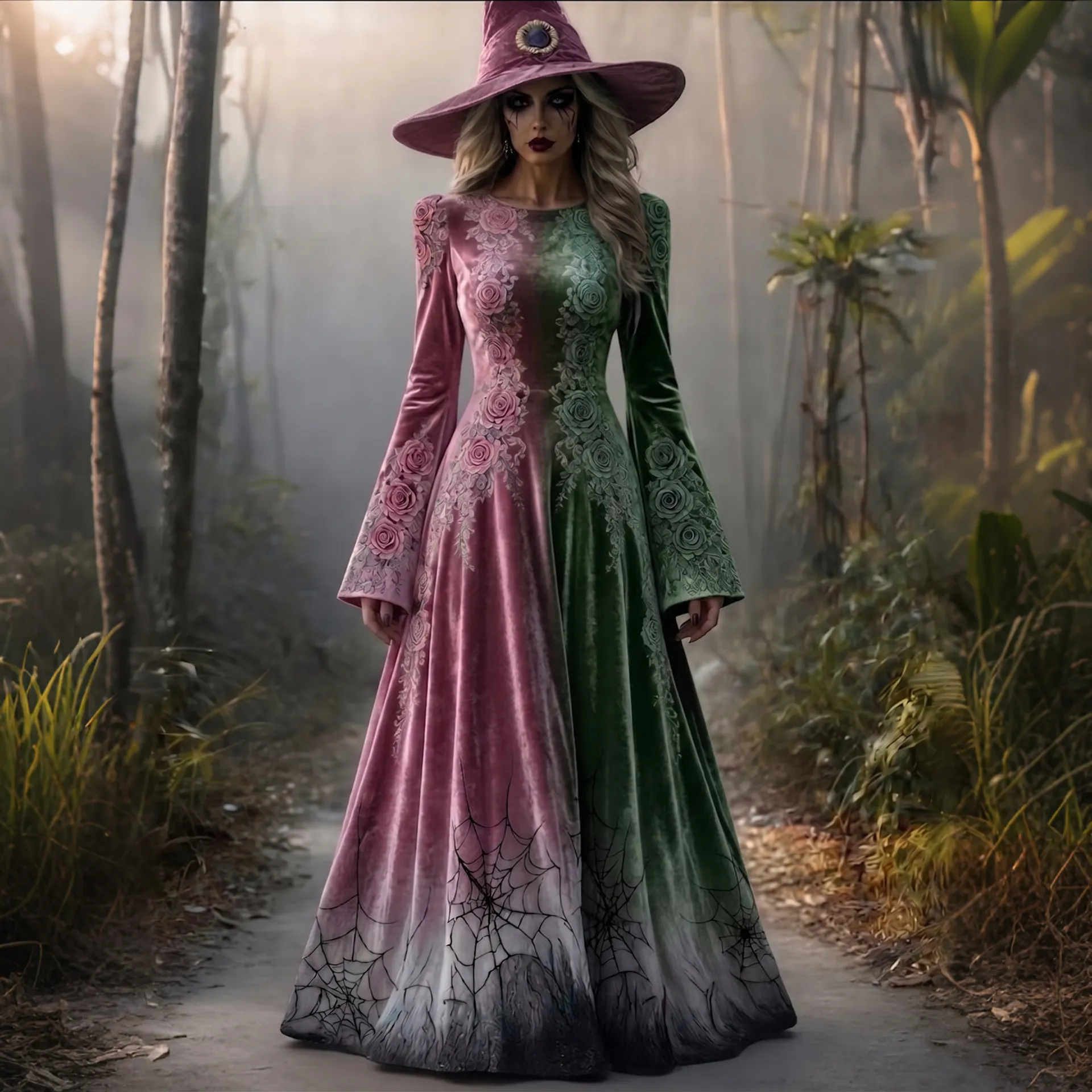 Women's Halloween Color Block Floral Print Velvet Dress artswardrobe