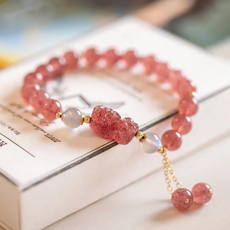 Natural Strawberry Quartz Moonstone PiXiu Love Healing Bracelet