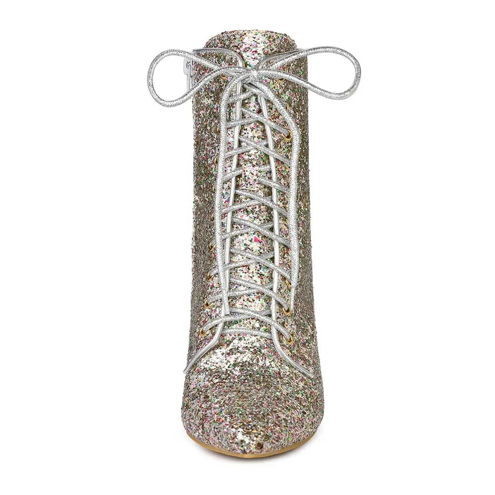 Multicolor Glitter Pointed Toe Lace Up Short Booties with Zipper