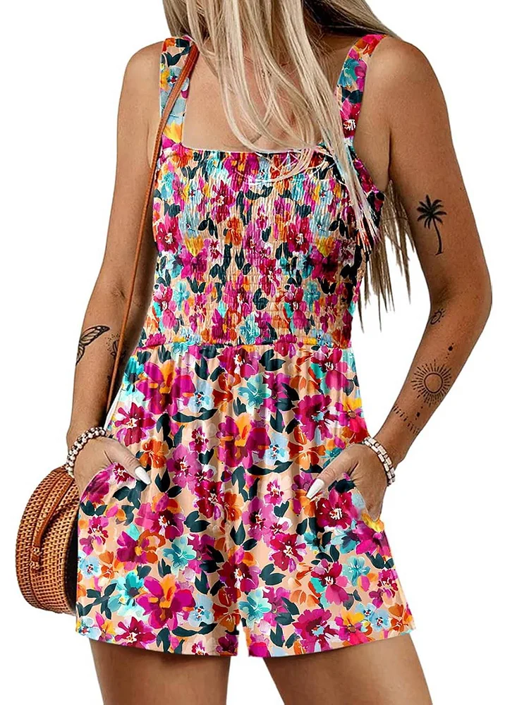 💃Women's Summer Square Neck Sleeveless Loose Casual Short Smocked Romper 