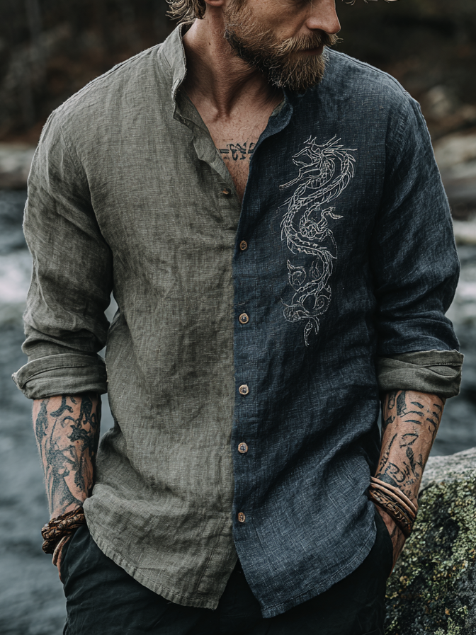 Men's Viking-Inspired Two-Tone Dragon Long Sleeve Linen Shirt / Rvogue / Rvogue