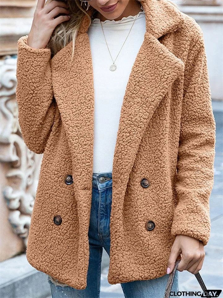 Casual Trendy Lapel Buttons Solid Color Coat For Women