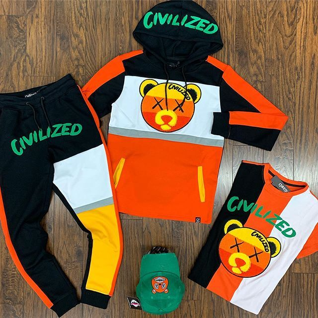 Fashion Black Orange XX bear Hoodie suit