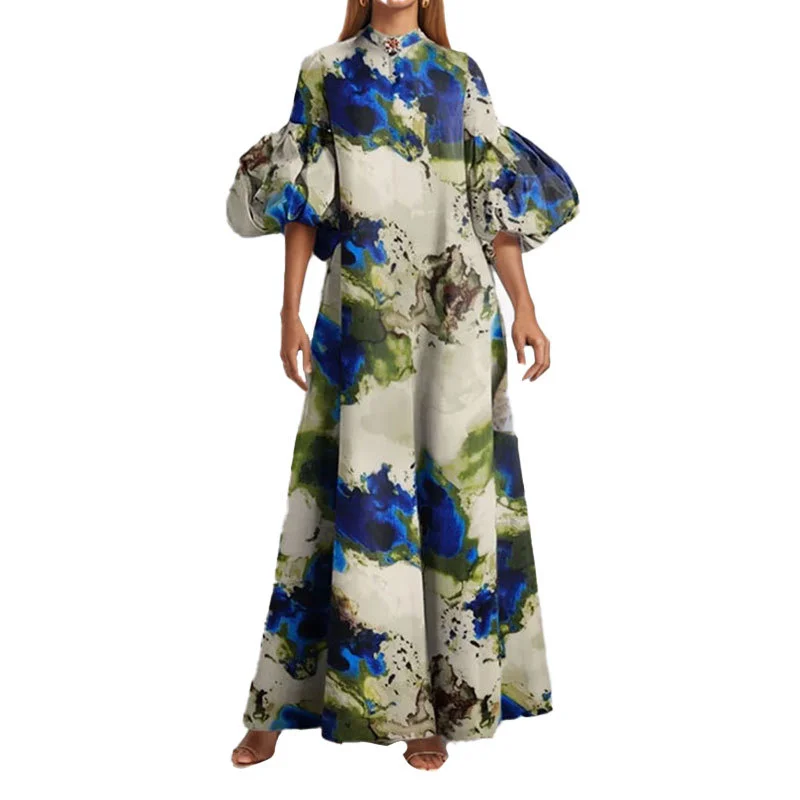 Brownm Brownm 2024 New Women's Wear Temperament Loose Printing And Painted Women's Large Swing Bubble Sleeve Dress