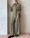 Linen Blend Vintage Print Blouse and Pants Two-Piece Set