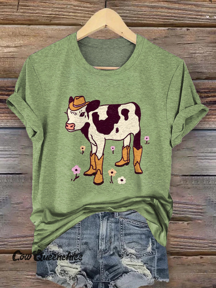 Western Cow Art Print Casual Short Sleeve T-shirt Multicolor / S