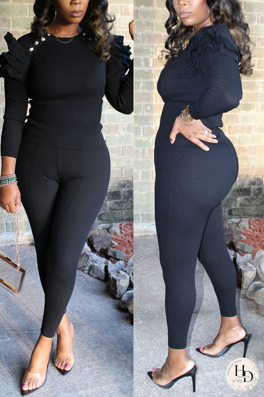 Black Fashion Casual Solid Flounce O Neck Long Sleeve Regular Sleeve Regular Two Pieces