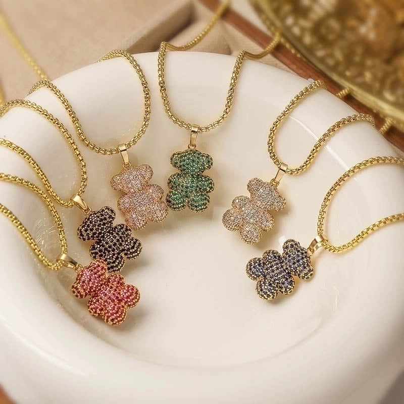 Sweet Light Luxury Copper Inlaid Color Diamond Sitting Standing Bear Necklace Female Personalized Hip Hop Love Bear Cross Chain Necklace