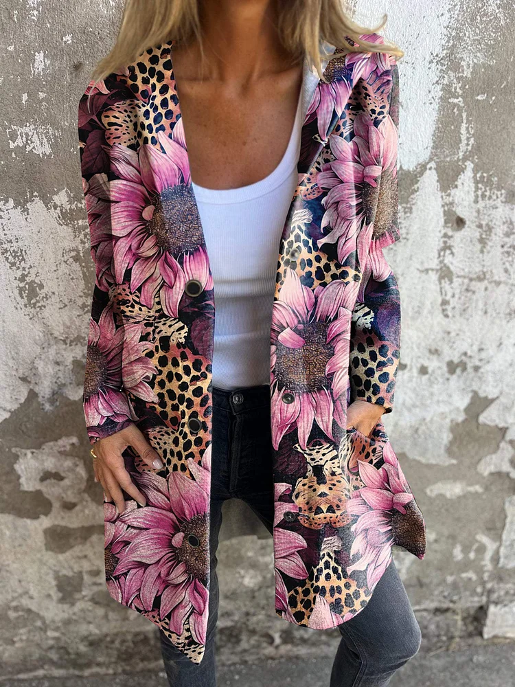 Western Pink Sunflower Leopard Print Button Hooded Jacket