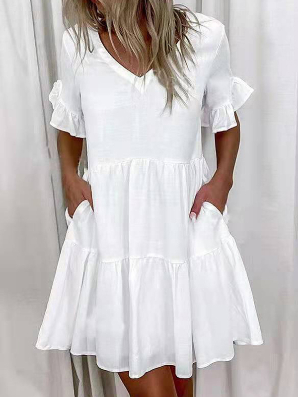 Mature Women Casual Summer Loose Fashion V-neck Short Print Ruffle Pocket Dress