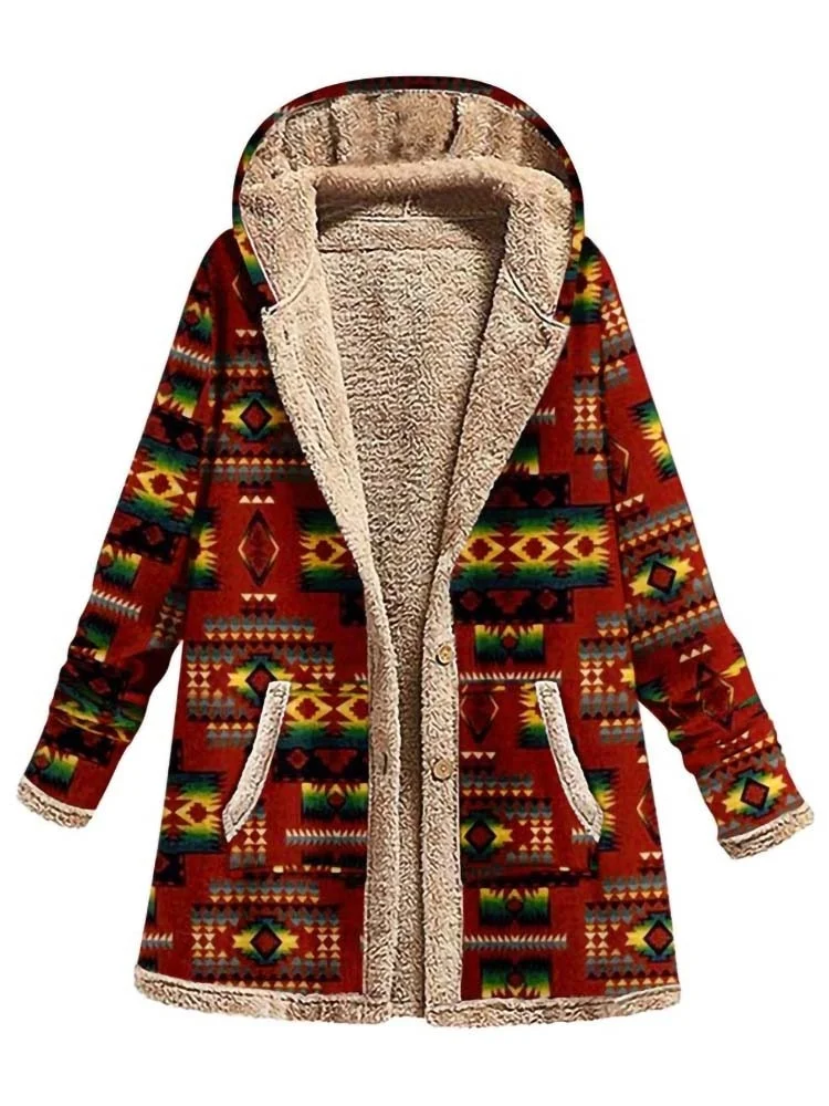 Winter Fleece Warm Hooded Jacket Women Fashion Ethnic Print Long Sleeve Vintage Coat Female Streetwear Oversize Outwear 2022 New