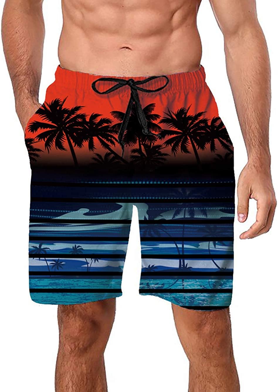 Mens Hawaiian Swim Trunks Coconut Palm Tree Beach Board Shorts with Mesh Lining Swimwear Bathing Suits